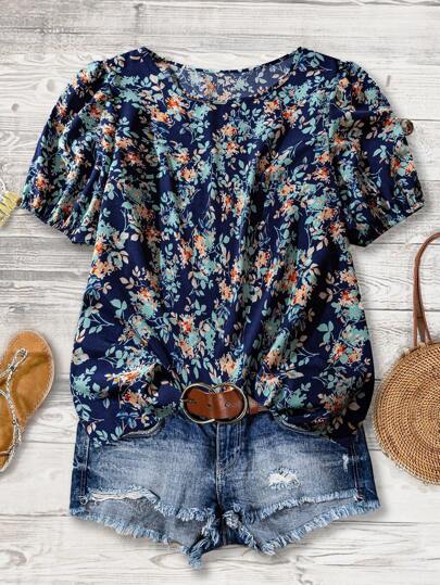Linhara Plus Size Solid Color & Floral Print Round Neck Casual Short Sleeve Shirt