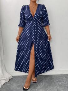 Elenzga Plus Size Women Polka Dot Print Deep V Neck 3/4 Sleeve Slit Hem Elegant Midi Dress