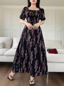 Modelyn Váy in hoa lãng mạn thời trang dành cho nữ, thích hợp cho kỳ nghỉ - màu đen - Xem 6