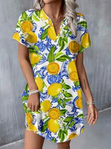 SHEIN LUNE Casual Minimalist Vacation Lemon Flower Elegant Baroque Blue Floral Print V Neck Woven Short Dress For Women, Suitable For Spring/Summer,Bohemian Clothes,Dresses For Women Summer
