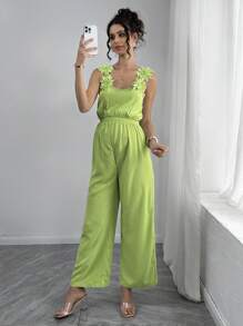 SHEIN Floral Decor Sleeveless Casual Loose Jumpsuit, Suitable For Spring/Summer Vacation, Maternity - Green - View 5