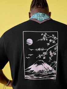 EASEVO Men Plus Size Mountain And Moon Graphic Pattern Short Sleeve Vintage T-Shirt, For Going Out, Summer, Emo - Black - View 6