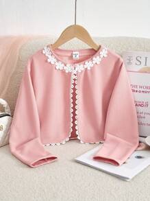 Tween Girl Short Jacket Coat, Elegant Ruffle Collar Casual Outwear Tops - Pink - View 6