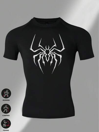 Manfinity Sport Polished 男士休闲金属蜘蛛印花修身运动 T 恤，适合跑步、徒步、钓鱼健身衫男士健身上衣男士健身服跑步 T 恤和背心