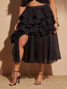 纯色雪纺层叠荷叶边中长裙搭配骑行短裤，波西米亚风，节日，夏季，度假 - 黑色 - 查看 3