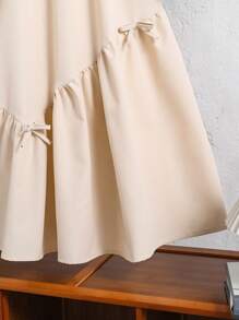 Tween-Mädchen 2-teiliges Set mit kontrastfarbenem Kragen, Puffärmeln, Jeansjacke und Camisole-Kleid mit Schleife - Aprikosenfarben - Übersicht 13