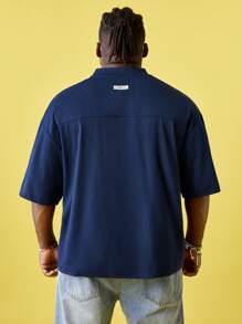 EASEVO 大码男士休闲字母图案印花宽松 V 领短袖针织 T 恤，适合夏季运动、外出 - 藍色 - 查看 2