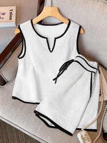 EMERY ROSE 2pcs/Set Women Vacation Casual Contrast Trim Tank Top And Shorts Set - White - View 1