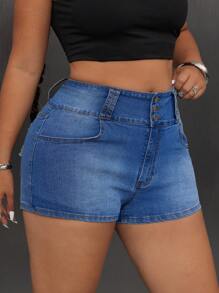 SHEIN ICON Summer Fashion Washed Elastic Slim Fit Shorts - Medium Wash - View 5