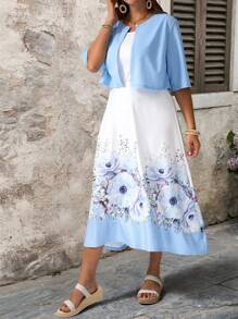 EMERY ROSE 2pcs/Set Plus Size Floral Print Dress And Solid Color Dress Outfit - Multicolor - View 4