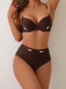 Swim Basics New Summer Vacation Push-Up Padded Solid Color Adjustable Strap High Waist Spaghetti Strap Bikini Swimwear Set - Brown - View 4