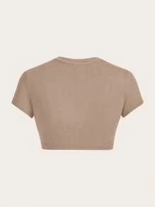 SHEIN ICON Áo thun nữ cổ tròn tay ngắn màu kaki giản dị, phù hợp cho mùa hè - Màu Khaki - Xem 2