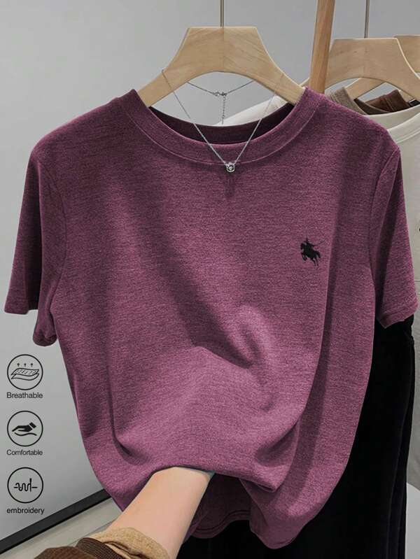 SHEIN Camiseta de manga corta con cuello redondo casual con estampado de caballero para mujer talla grande, de verano