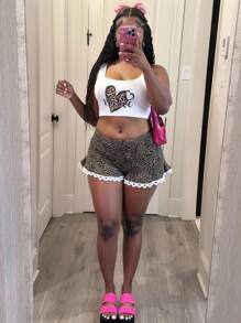 Slaydiva Damen Leopard Herz Muster Top & Shorts Zweiteiler für den täglichen Gebrauch, Rave - Khaki - Übersicht 1