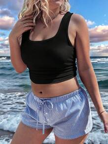 SHEIN EZwear 大码女式简约黑色无袖背心，带粗肩带，适合夏季