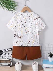 2 Piezas/Set Camiseta blanca de estampado de graffiti y pantalones cortos negros holgados para niños jóvenes, conjunto de dos piezas adecuado para primavera y verano, apropiado para la vida diaria, deportes, campus, reuniones, festivales, actuaciones, fotografía y temporada de regreso a clases. - Multicolor - Ver 2