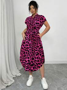 Elenzga Vestido casual de club para mujer talla grande de diseño elegante con estampado de leopardo, cuello, mangas raglán, cinturón, lazo, botones de madera delanteros. Diseño a la moda, para primavera/verano - Multicolor - Ver 5