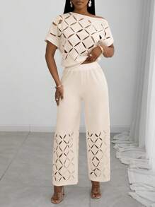 Slaydiva 25新款夏季优雅度假斜肩一字肩插肩袖短袖烂花菱格纹宽松上衣+下摆烂花阔腿裤特长裤白色女两件套 - 杏色 - 查看 4