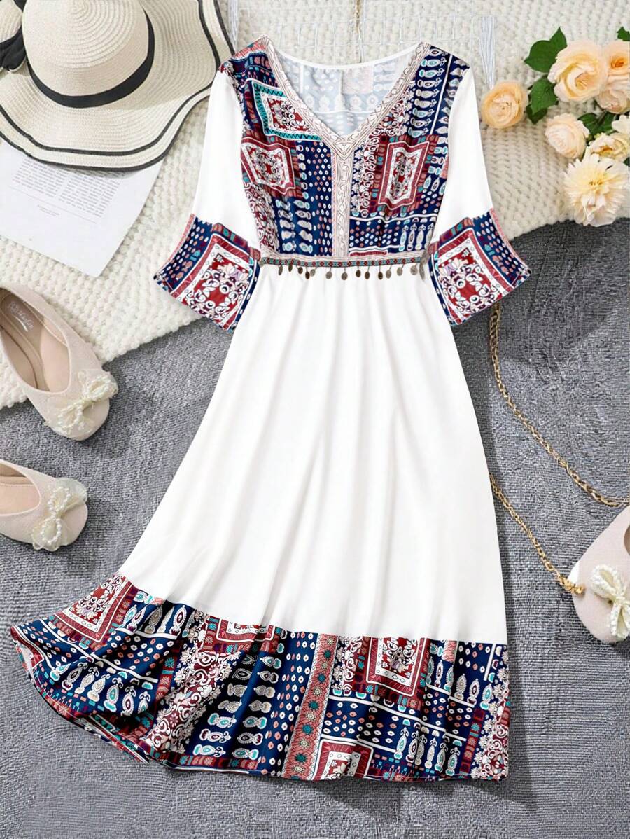 Breezaya Plus Size Women's Patchwork Vacation Midi Dress - White - View 1