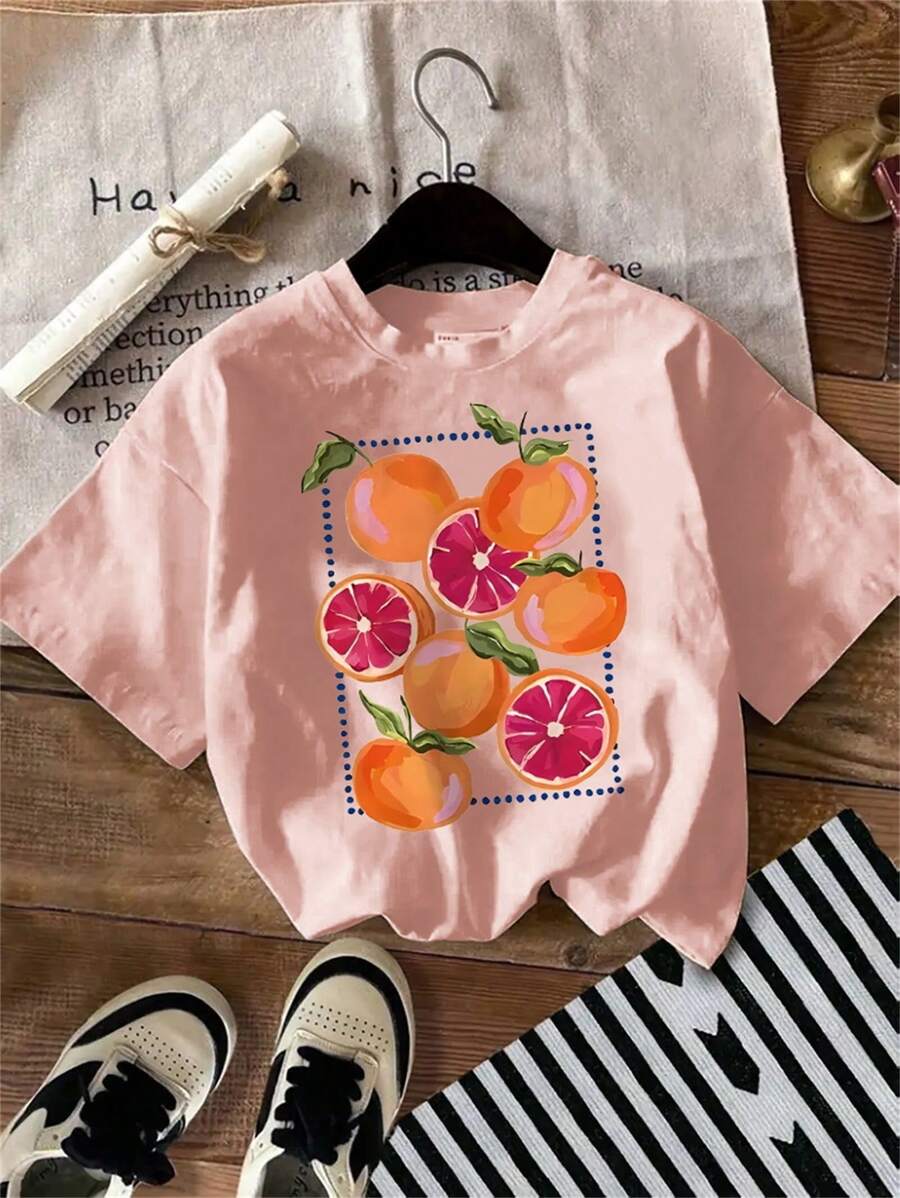SHEIN Unity 女款柠檬植物图案圆领短袖 T 恤,夏季 - 粉色 - 查看 1