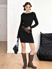 SHEIN Explorewe 青少年女孩休闲设计连帽长袖深色末日风格连衣裙，春/秋 - 黑色 - 查看 1