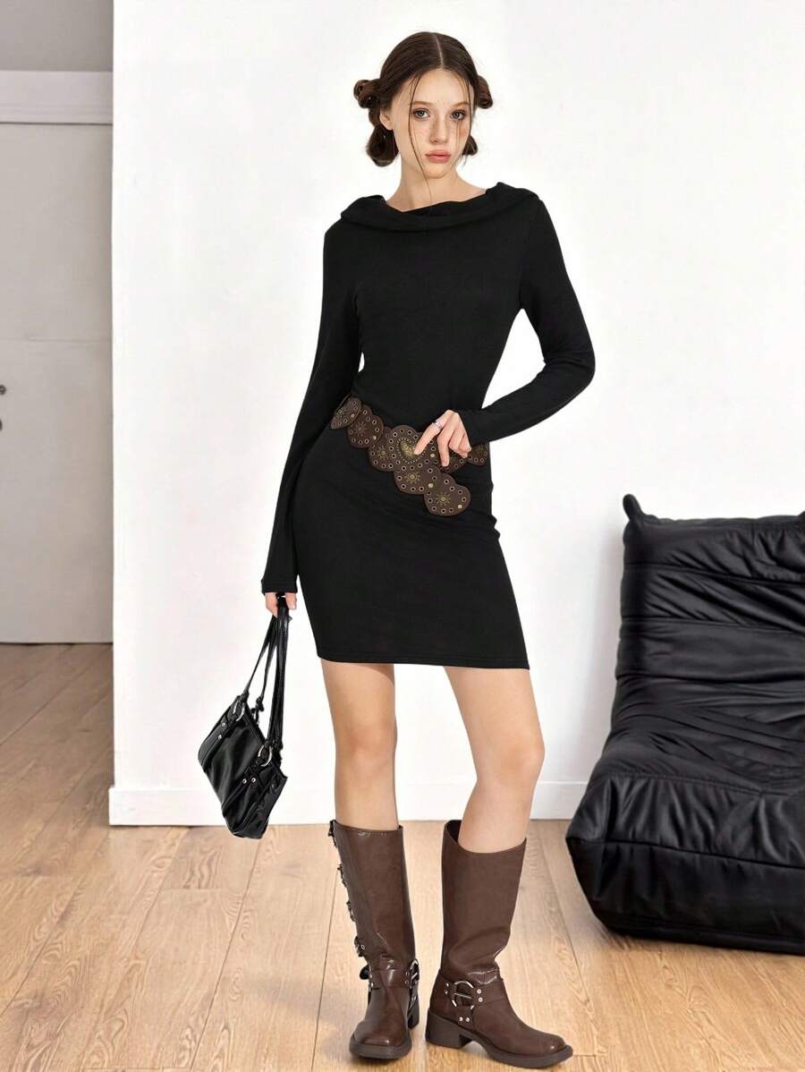 SHEIN Explorewe 青少年女孩休闲设计连帽长袖深色末日风格连衣裙，春/秋 - 黑色 - 查看 1