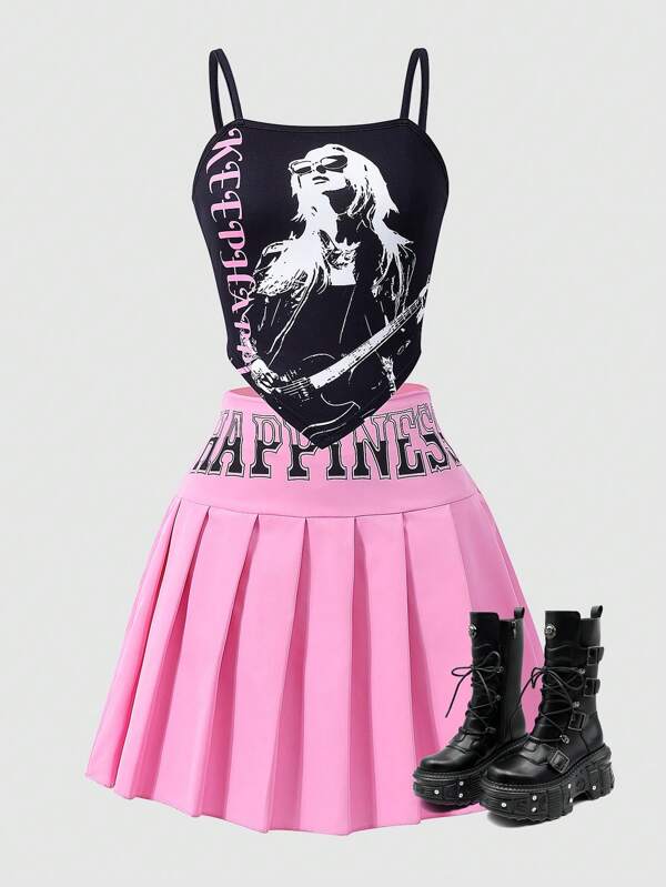 SHEIN 2 pièces/set Top débardeur à imprimé guitare pour adolescentes et jupe mini plissée à imprimé lettres, ensemble d'été