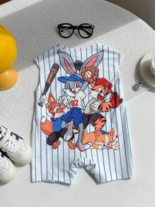 Bubblio 新生儿男童可爱卡通图案条纹短袖夏季连体衣 - 彩色 - 查看 8