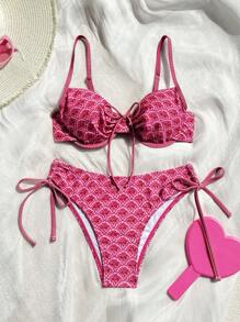 Swim Vcay Nouveau bikini 2 pièces à fleurs dispersées avec côtés noués et coupe haute. Sexy et adapté pour les vacances - Rose bonbon - Voir 2