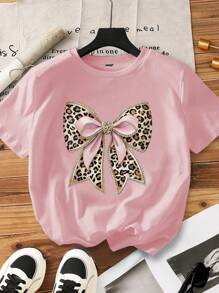 INAWLY 女式加大码豹纹蝴蝶结印花短袖休闲T恤，夏季 - 粉色 - 查看 1