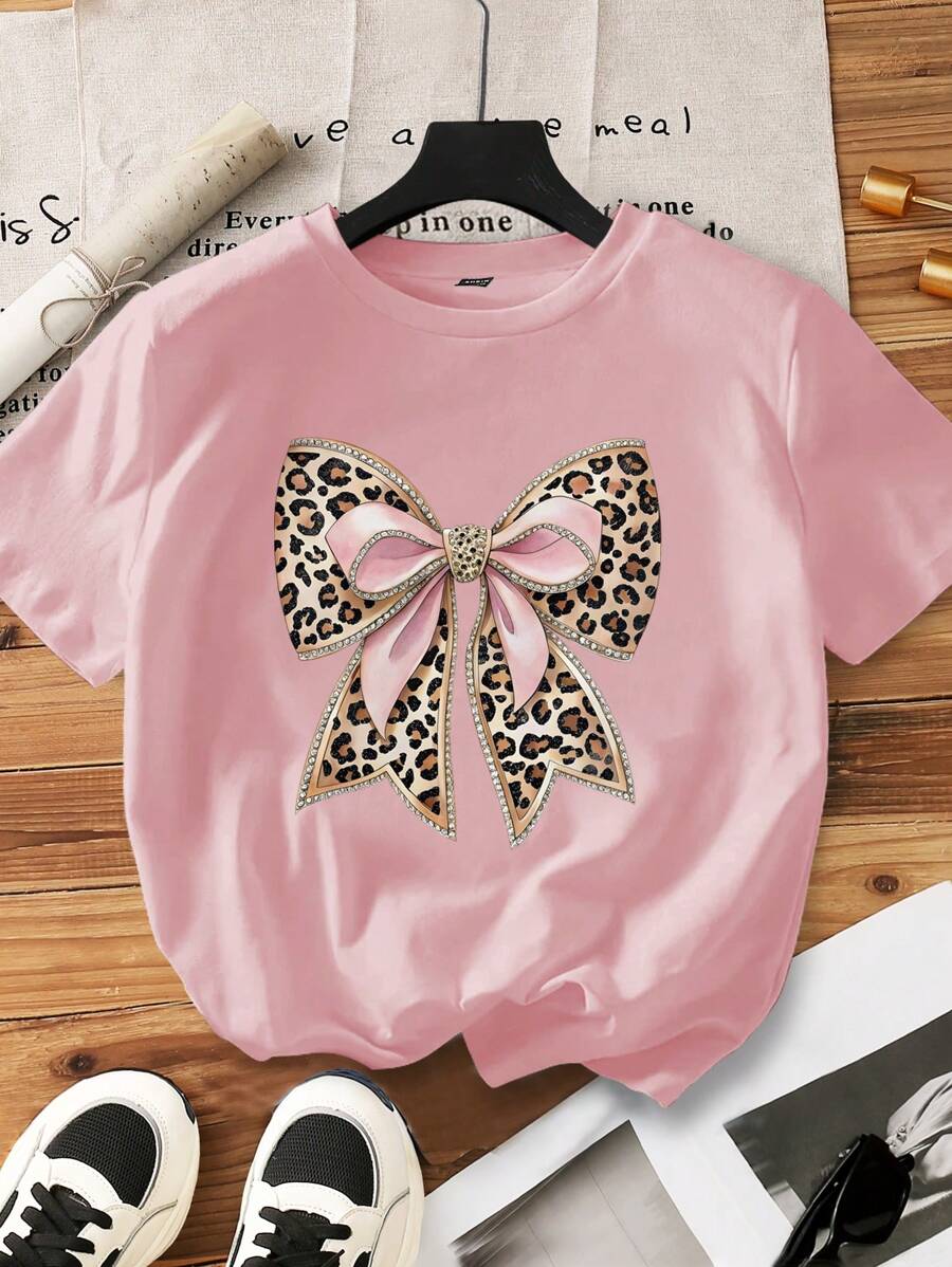 INAWLY 女式加大码豹纹蝴蝶结印花短袖休闲T恤，夏季 - 粉色 - 查看 1