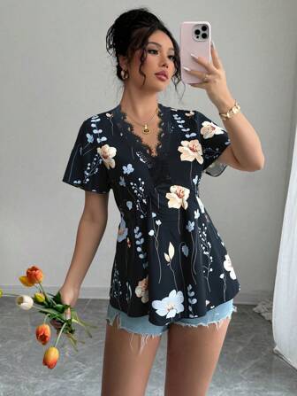 Elenzga Women's Elegant Fashion Office Commute Casual Holiday Ruffle V-Neck Waist Lace Patchwork Printed Shirt (Random Print)