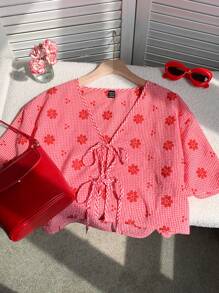 Comfortcana Camicia da donna con colletto a farfalla ricamato a fiori in maglia a quadri rossi, adatta per i primi mesi d'autunno, taglie comode