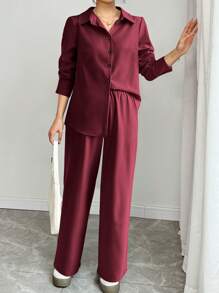 Chiquease Set de 2 piezas de mujer de manga larga plisado, semiformal y casual - Burdeos - Ver 2