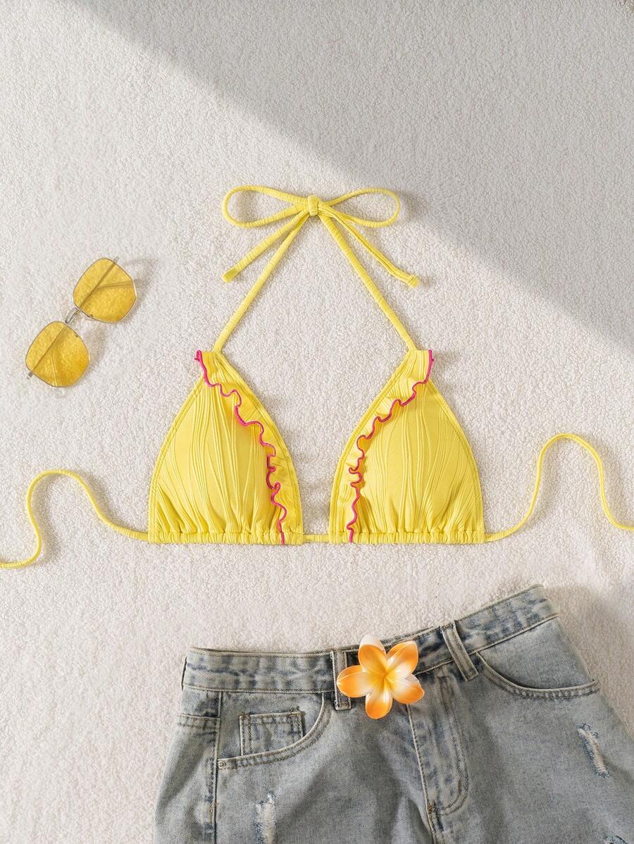 Swim Mod Women's Textured Fabric Halter Neck Triangle Yellow Bikini Top For Summer Beach Vacation - Yellow - View 1