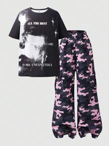 SHEIN Explorewe 2pcs/Set Tween Girls Portrait & Letter Print Casual Round Neck T-Shirt And Camouflage Print Functional Pocket Pants Cool Outfit - Black - View 1