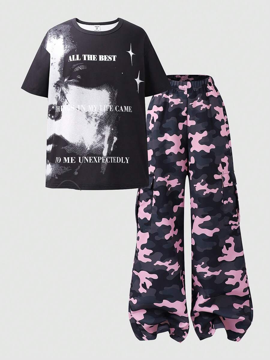 SHEIN Explorewe 2pcs/Set Tween Girls Portrait & Letter Print Casual Round Neck T-Shirt And Camouflage Print Functional Pocket Pants Cool Outfit - Black - View 1