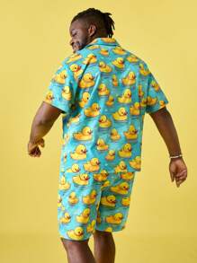 EASEVO Plus Size Men Casual Woven Short Sleeve Shirt & Shorts Set - Blue - View 8