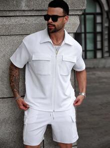 Manfinity CasualCool Conjunto informal de talla grande para hombres de camisa de manga corta de unicolor con bolsillos tipo cargo y pantalón corto