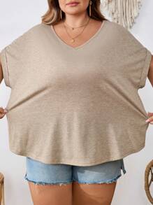 SHEIN CURVE+ 大码女式纯色露背V领短袖休闲T恤上衣，适合夏季/乡村/海滩度假/沙滩穿着 - 棕色 - 查看 6