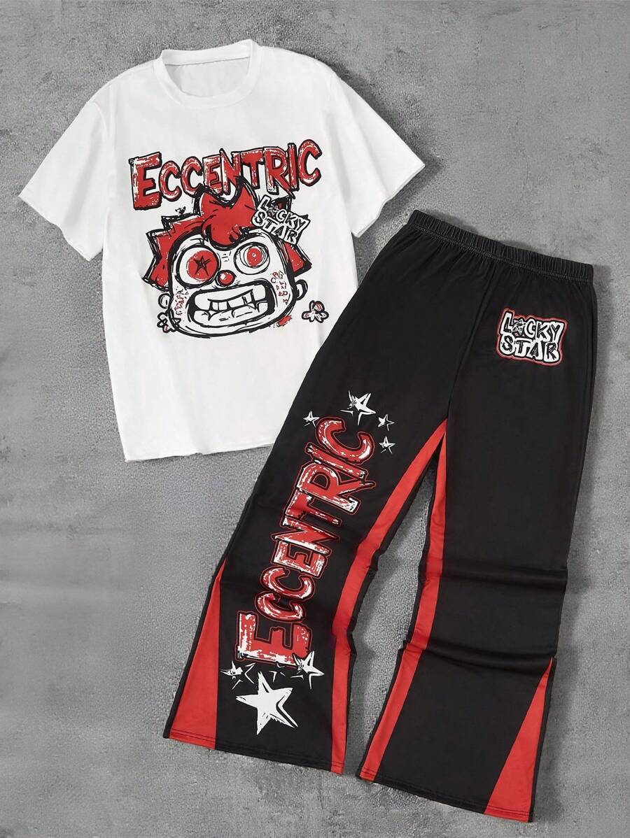 SHEIN Teen Boys Casual Cool Comfortable Long Sleeve Hoodie And Long Pants - Black - View 1