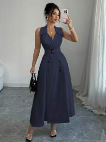Elenzga 女式法式优雅休闲度假/通勤纯色缺口领双排扣腰带 A 字长裙，无袖，春夏 - 藏蓝色 - 查看 5