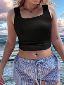 SHEIN EZwear 大码女式简约黑色无袖背心，带粗肩带，适合夏季