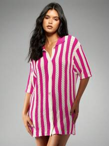 MISSGUIDED 复古风钩针针织纽扣开衫衬衫夏季度假装沙滩装罩衫泳池边上衣 - 粉色 - 查看 1