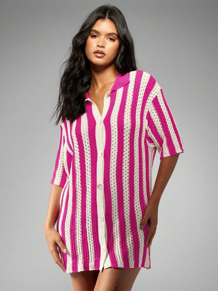 MISSGUIDED 复古风钩针针织纽扣开衫衬衫夏季度假装沙滩装罩衫泳池边上衣 - 粉色 - 查看 1