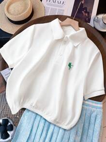 SHEIN LUNE Sudadera casual de mujer con cuello acanalado blanco, bordada, de manga corta, para otoño - Blanco - Ver 4
