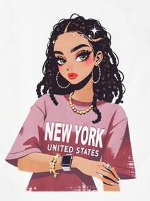 SHEIN Sparklyn 2 件青少年女孩休闲图案印花圆领短袖 T 恤和宽松工装裤套装，时尚日常穿着，军绿色 - 粉色 - 查看 7