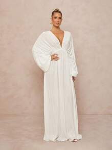 Lumalex 1 pieza Vestido largo de mujer con cuello en V profundo, mangas anchas plisadas, falso diseño de 2 piezas, volantes en el bajo y silueta ceñida