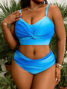 Slaydiva 大码女式两件套随机蓝色扎染渐变印花交叉可调节粗肩带高腰交叉三角泳裤时尚度假休闲畅销比基尼套装