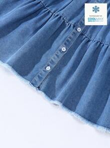 Denimly 女童宽松休闲可爱舒适蝴蝶结装饰衬衫领浅洗蓝短袖长款牛仔连衣裙 - 中等水洗藍 - 查看 4